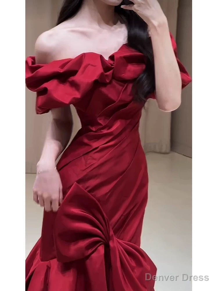Sexy Mermaid Off The Shoulder Burgundy Satin Floor Length Prom Dress