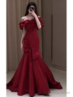 Sexy Mermaid Off The Shoulder Burgundy Satin Floor Length Prom Dress