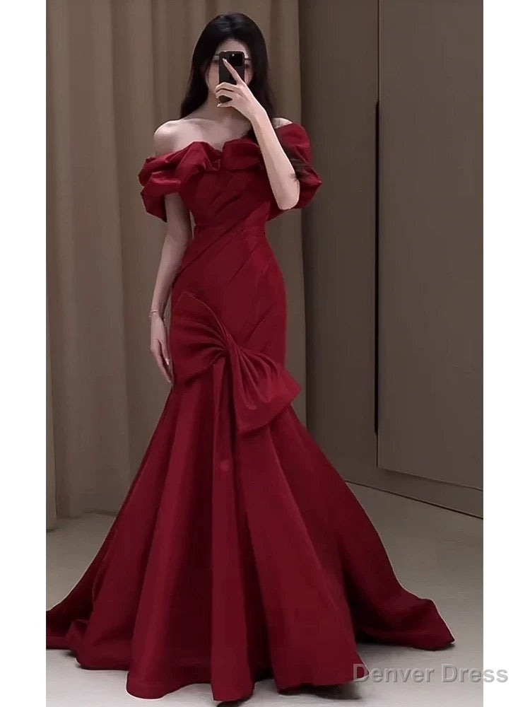 Sexy Mermaid Off The Shoulder Burgundy Satin Floor Length Prom Dress