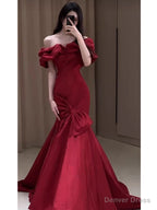 Sexy Mermaid Off The Shoulder Burgundy Satin Floor Length Prom Dress