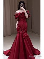 Sexy Mermaid Off The Shoulder Burgundy Satin Floor Length Prom Dress