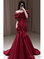 Sexy Mermaid Off The Shoulder Burgundy Satin Floor Length Prom Dress