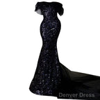 Sexy Mermaid Off The Shoulder Cap Sleeves Sequin Floor Length Black Prom Dresses