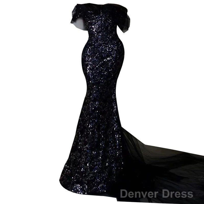 Sexy Mermaid Off The Shoulder Cap Sleeves Sequin Floor Length Black Prom Dresses
