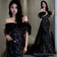 Sexy Mermaid Off The Shoulder Cap Sleeves Sequin Floor Length Black Prom Dresses