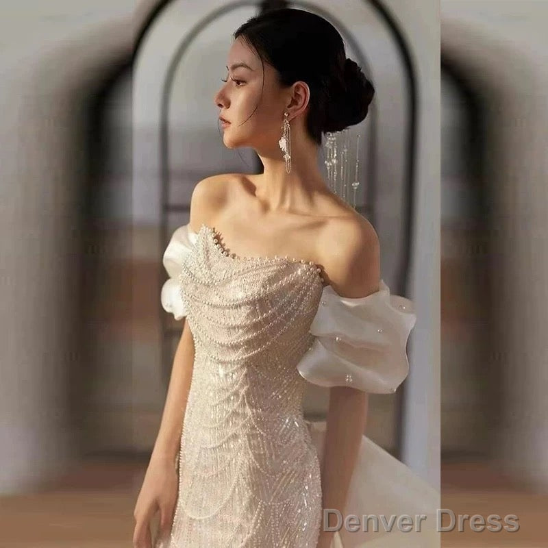 Sexy Mermaid Off The Shoulder Cap Sleeves Sequin Floor Length Pearls Prom Dresses Secondary image