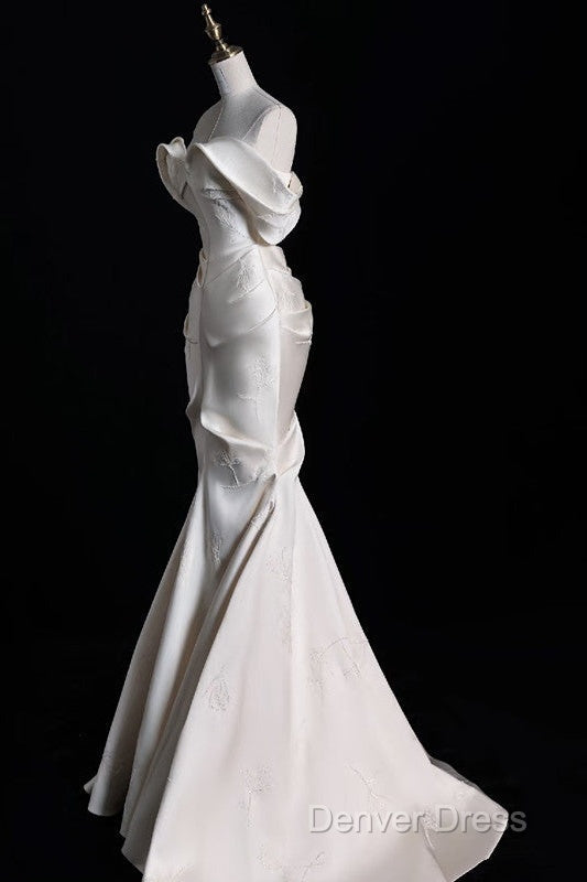 Sexy Mermaid Off The Shoulder Ivory Satin Long Wedding Dresses Brides Dresses Secondary image