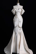 Sexy Mermaid Off The Shoulder Ivory Satin Long Wedding Dress Brides Dresses