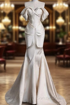 Sexy Mermaid Off The Shoulder Ivory Satin Long Wedding Dresses Brides Dresses