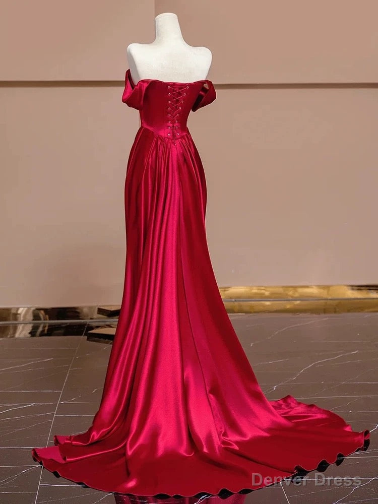 Sexy Mermaid Off The Shoulder Satin Red Floor Length Prom Dress