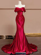 Sexy Mermaid Off The Shoulder Satin Red Floor Length Prom Dress