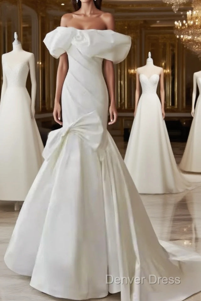 Sexy Mermaid Off The Shoulder Satin White Long Wedding Dresses Brides Dresses Main image