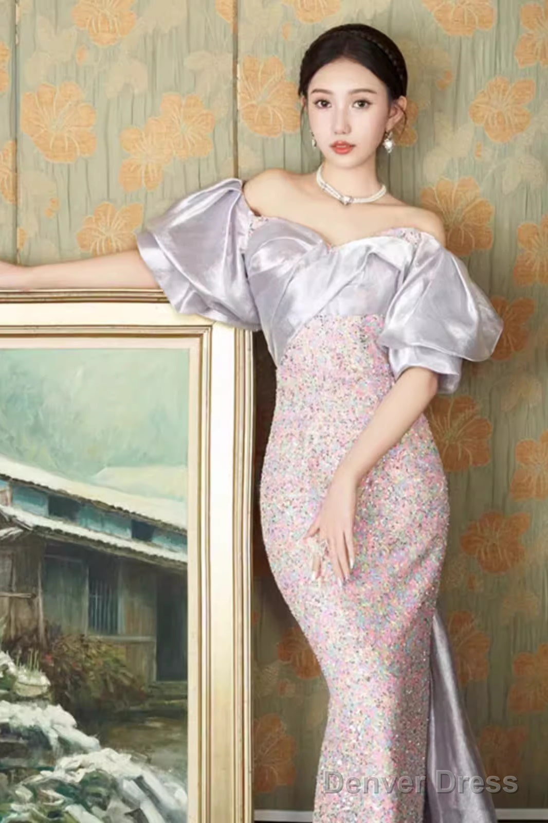 Sexy Mermaid Off The Shoulder Sequin Lilac Long Prom Dresses Main image