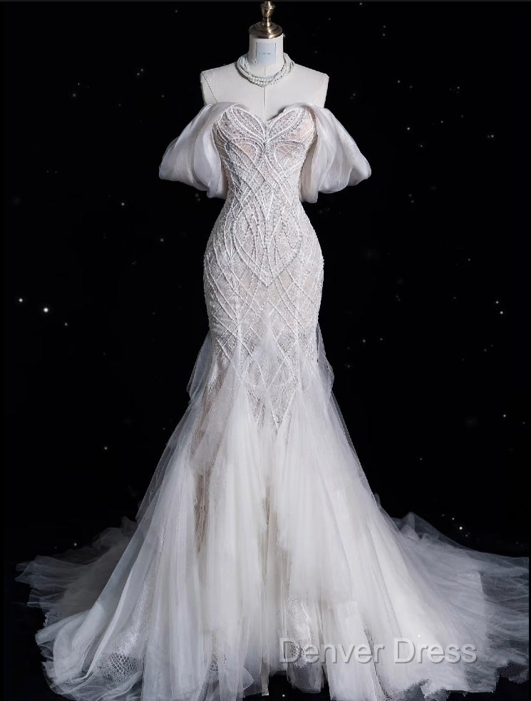 Sexy Mermaid Off The Shoulder White Lace Long Wedding Dress Brides Dresses