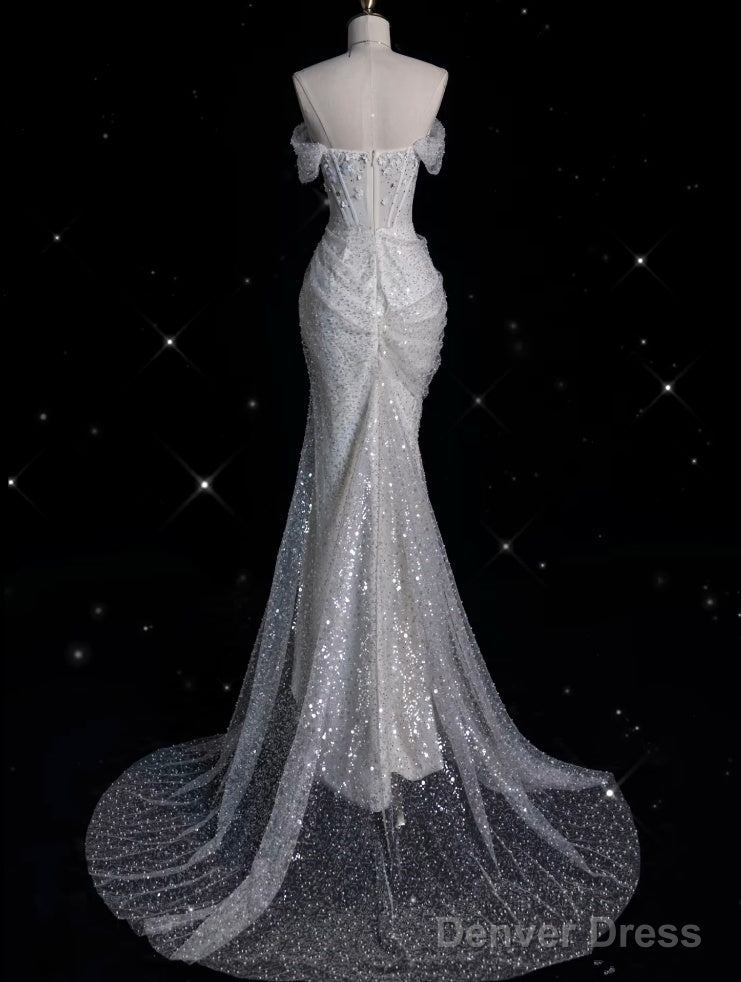 Sexy Mermaid Off The Shoulder White Lace Sequin Long Wedding Dresses Brides Dress