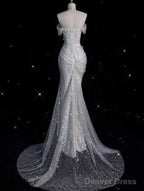 Sexy Mermaid Off The Shoulder White Lace Sequin Long Wedding Dress Brides Dresses