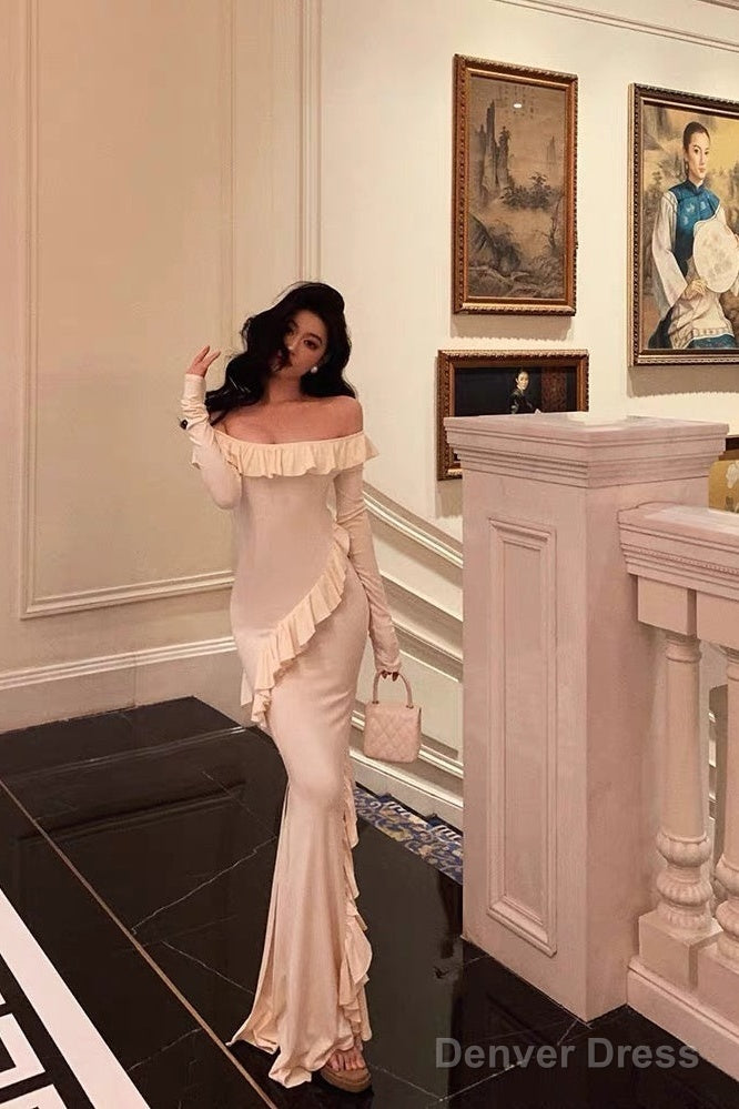 Sexy Mermaid Off The Shoulder White Long Sleeves Ankle Length Ruffle Prom Dresses Birthday Outfits