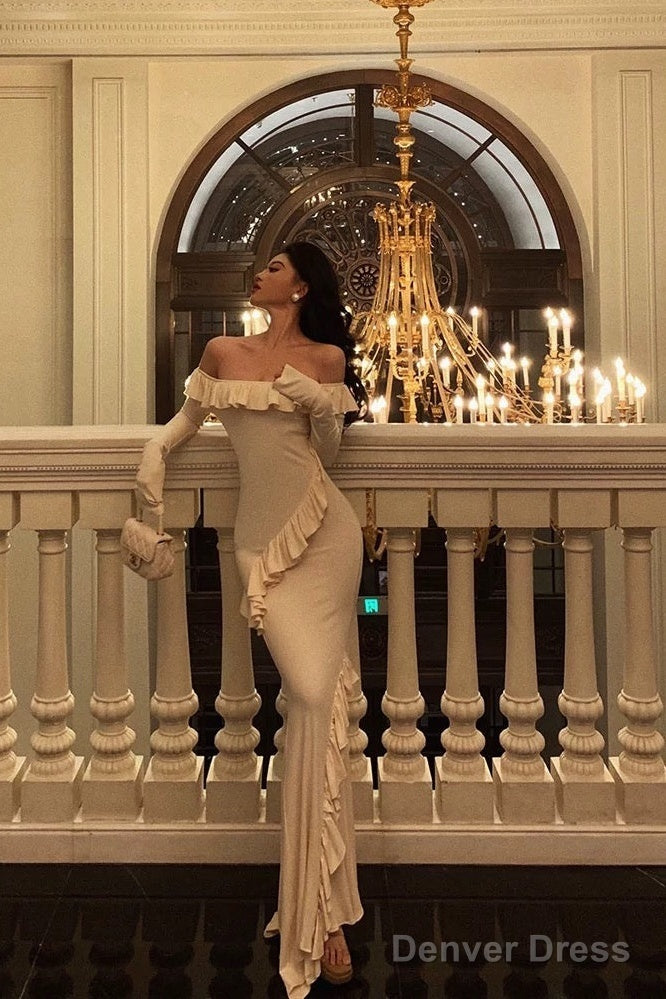 Sexy Mermaid Off The Shoulder White Long Sleeves Ankle Length Ruffle Prom Dresses Birthday Outfits