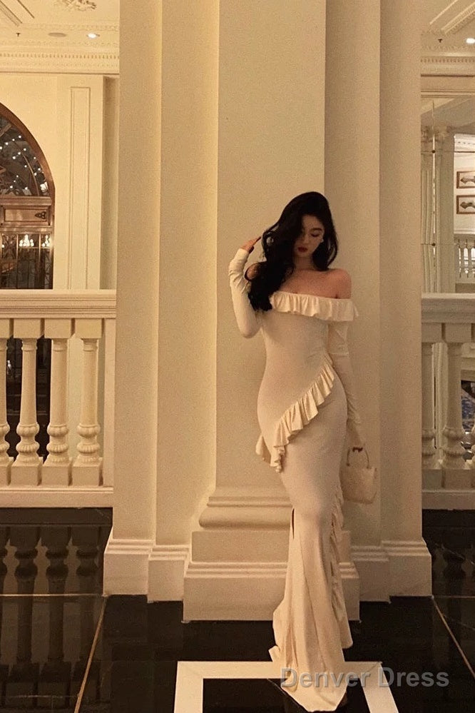 Sexy Mermaid Off The Shoulder White Long Sleeves Ankle Length Ruffle Prom Dresses Birthday Outfits