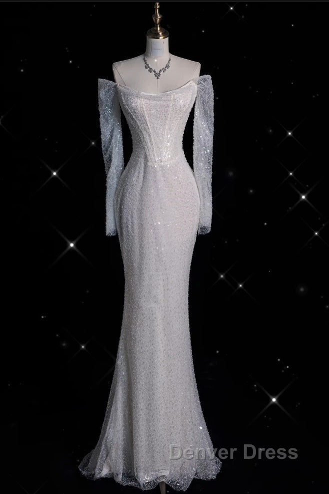 Sexy Mermaid Off The Shoulder White Sequin Long Sleeves Wedding Dresses Brides Dresses Secondary image