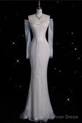 Sexy Mermaid Off The Shoulder White Sequin Long Sleeves Wedding Dresses Brides Dress
