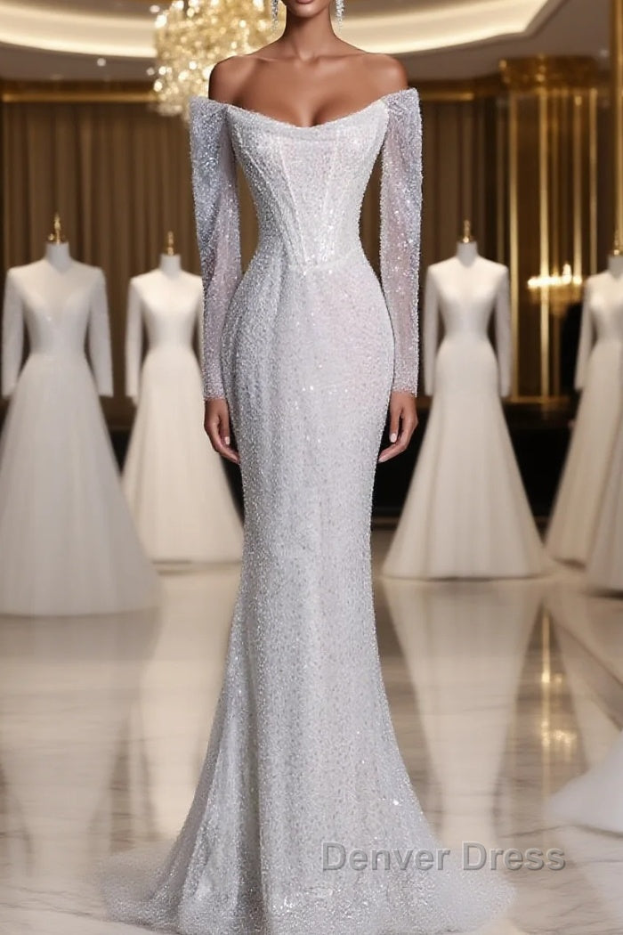 Sexy Mermaid Off The Shoulder White Sequin Long Sleeves Wedding Dress Brides Dresses Main image