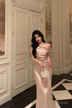 Sexy Mermaid One Shoulder Satin Champagne Prom Dresses Long Birthday Outfits Prom Gowns