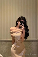 Sexy Mermaid One Shoulder Satin Champagne Prom Dresses Long Birthday Outfits Prom Gowns