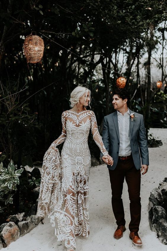 Sexy Mermaid Prom Dress Boho Lace Long Sleeves Spring Wedding Dresses Main image