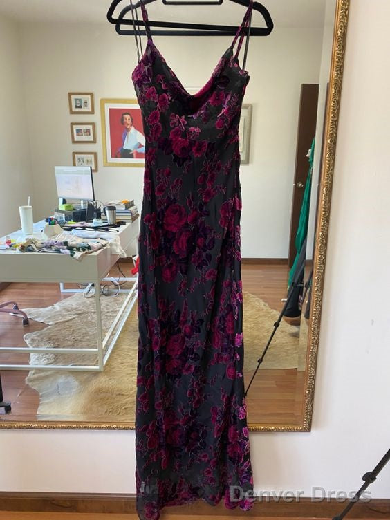 Sexy Mermaid Prom Gown With Straps Floral Black Prom Dresses