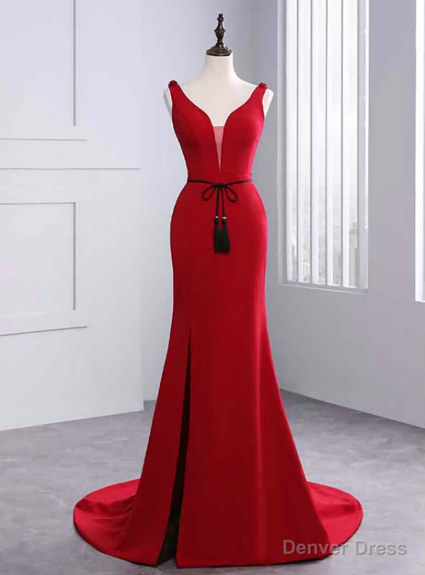 Sexy Mermaid Red Satin V Neck Backless Prom Dresses With Sash