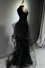 Sexy Mermaid Scoop Neckline Black Sequin Floor Length Prom Dresses