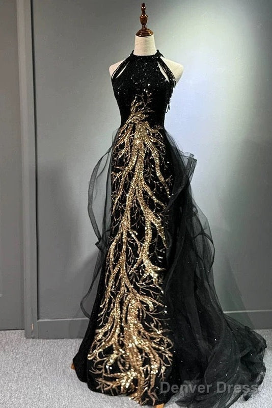 Sexy Mermaid Scoop Neckline Black Sequin Floor Length Prom Dresses