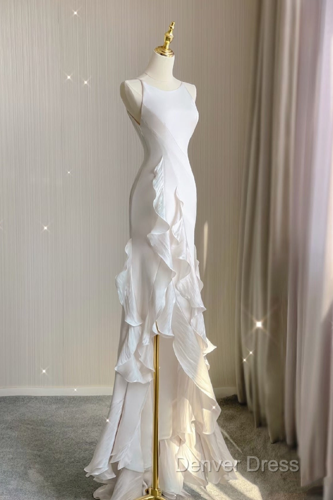 Sexy Mermaid Scoop Satin Night Party Dresses White Long Prom Dresses