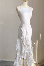 Sexy Mermaid Scoop Satin Night Party Dresses White Long Prom Dresses