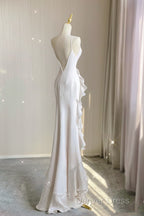 Sexy Mermaid Scoop Satin Night Party Dresses White Long Prom Dresses