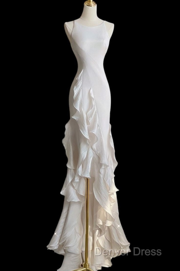 Sexy Mermaid Scoop Satin Night Party Dresses White Long Prom Dresses