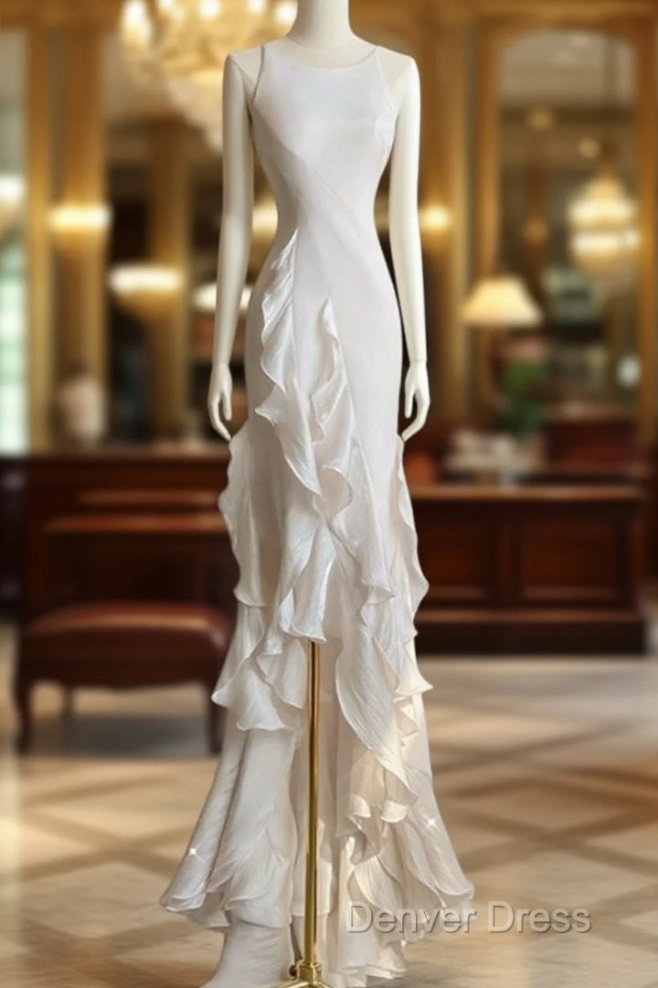 Sexy Mermaid Scoop Satin Night Party Dresses White Long Prom Dresses Main image