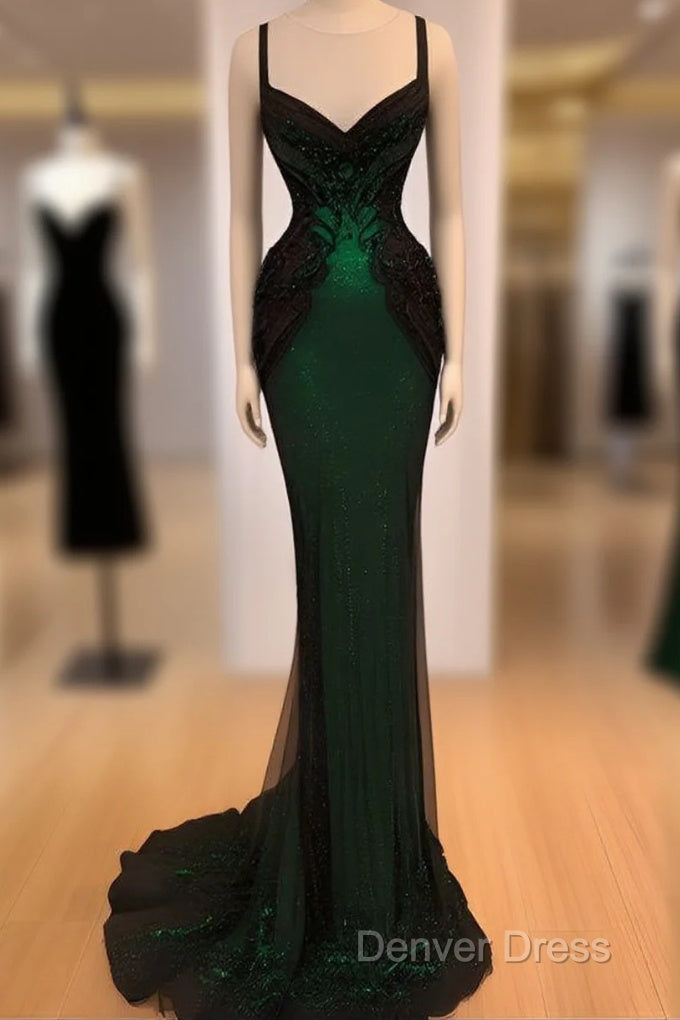 Sexy Mermaid Sequin Long Dark Green Lace Prom Dresses Formal Dresses