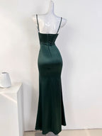 Sexy Mermaid Sleeveless Green Satin Long Prom Dresses