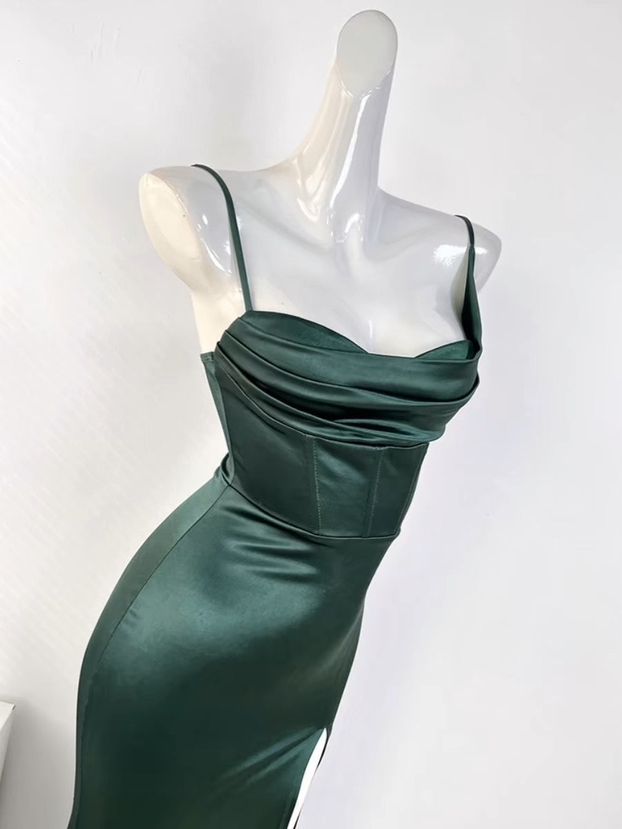 Sexy Mermaid Sleeveless Green Satin Long Prom Dresses