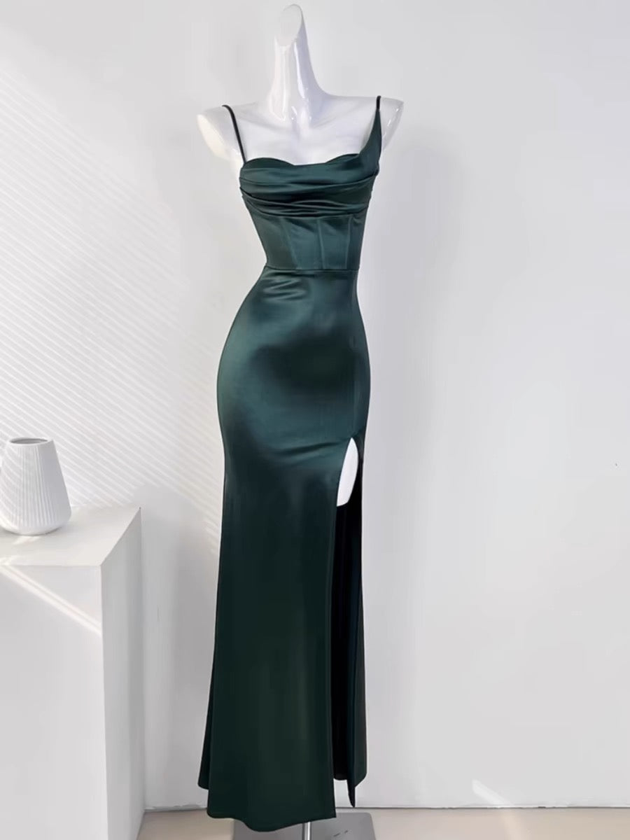 Sexy Mermaid Sleeveless Green Satin Long Prom Dresses