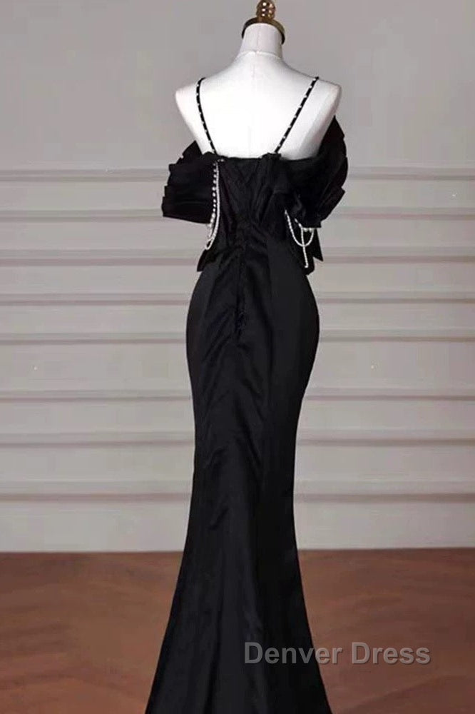 Sexy Mermaid Spaghetti Straps Black Long Formal Dresses Satin Prom Dresses Secondary image