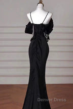 Sexy Mermaid Spaghetti Straps Black Long Formal Dresses Satin Prom Dresses