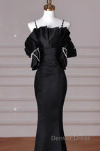 Sexy Mermaid Spaghetti Straps Black Long Formal Dresses Satin Prom Dresses