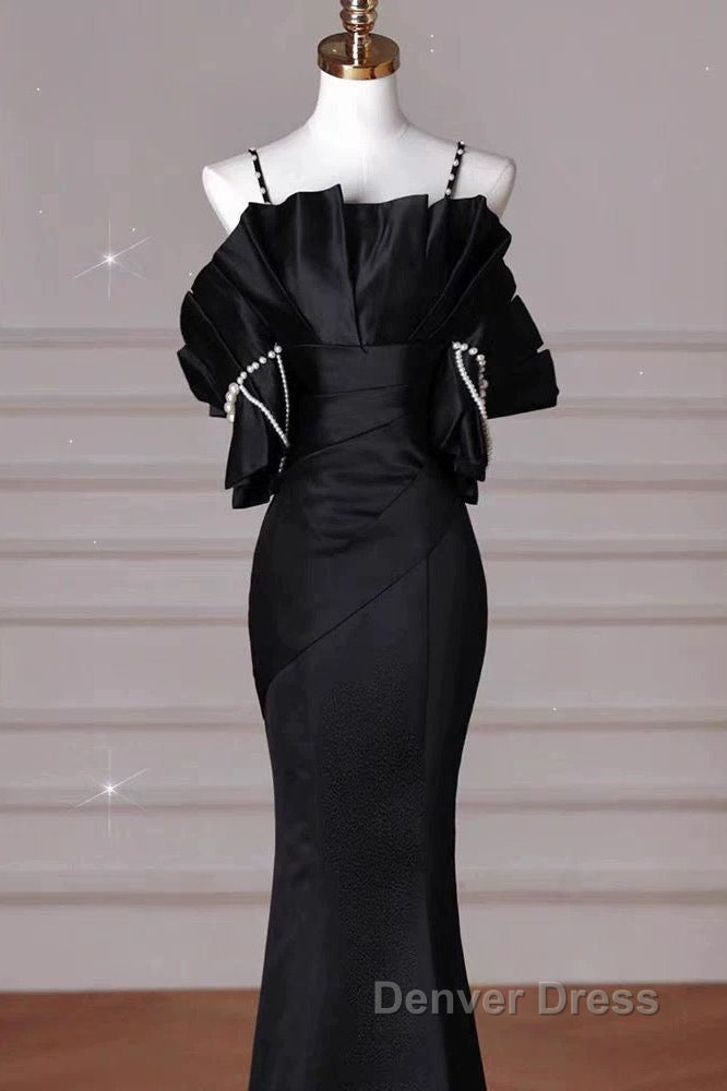 Sexy Mermaid Spaghetti Straps Black Long Formal Dresses Satin Prom Dresses