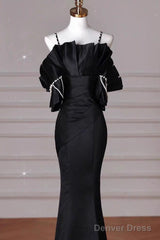 Sexy Mermaid Spaghetti Straps Black Long Formal Dress Satin Prom Dress