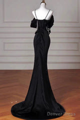 Sexy Mermaid Spaghetti Straps Black Long Formal Dress Satin Prom Dress