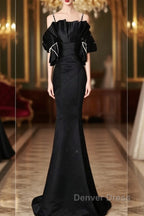 Sexy Mermaid Spaghetti Straps Black Long Formal Dresses Satin Prom Dresses