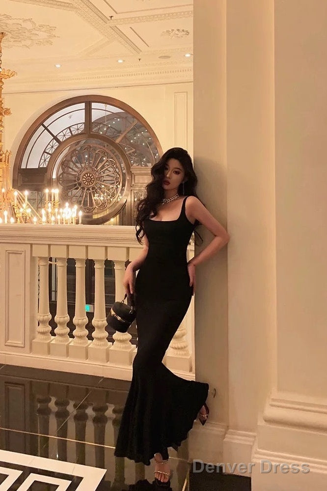 Sexy Mermaid Spaghetti Straps Black Satin Backless Prom Dresses Birthday Outfits